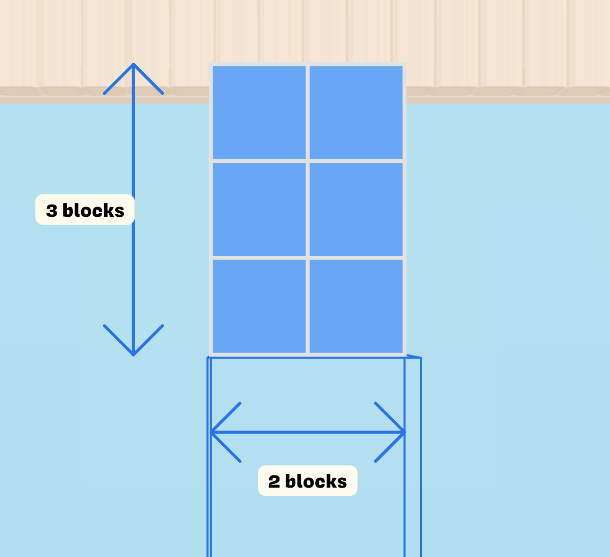A platform that is 3 blocks tall and 2 blocks wide, made of 6 blue squares