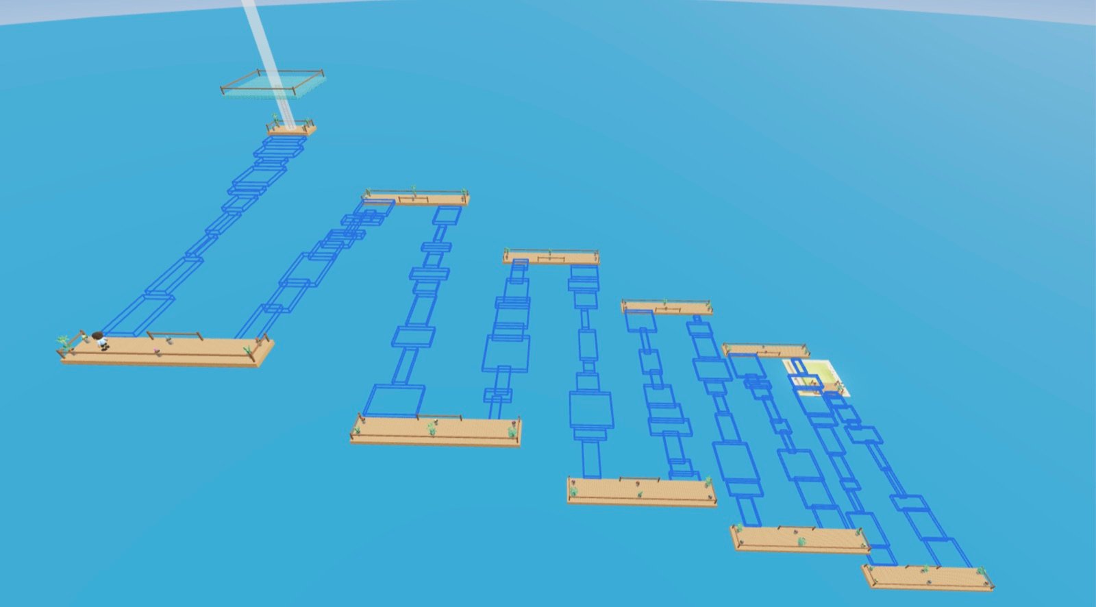 The Times Table Tower course in Polymath: a zig-zag of outlined platforms over the sea